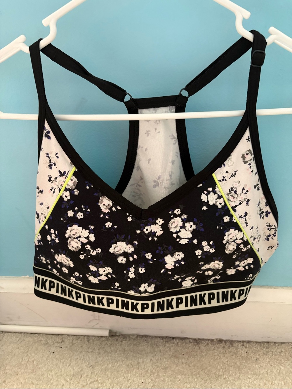 PINK Victoria's Secret Black & White Floral Racerback Sports Bra